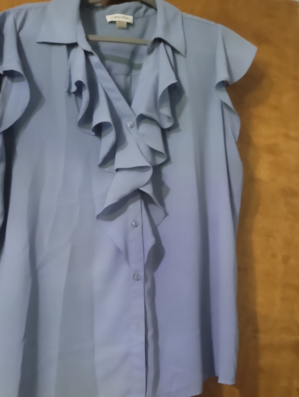 Calvin Klein Light Blue Ruffle-Front Sleeveless Blouse